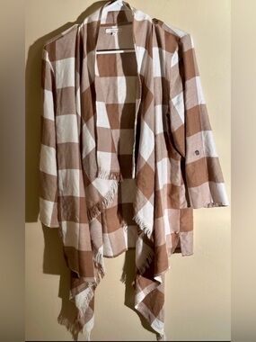 Maurices Women’s Buffalo Check Open‑Front Cardigan – Brown & Cream Fringe Hem